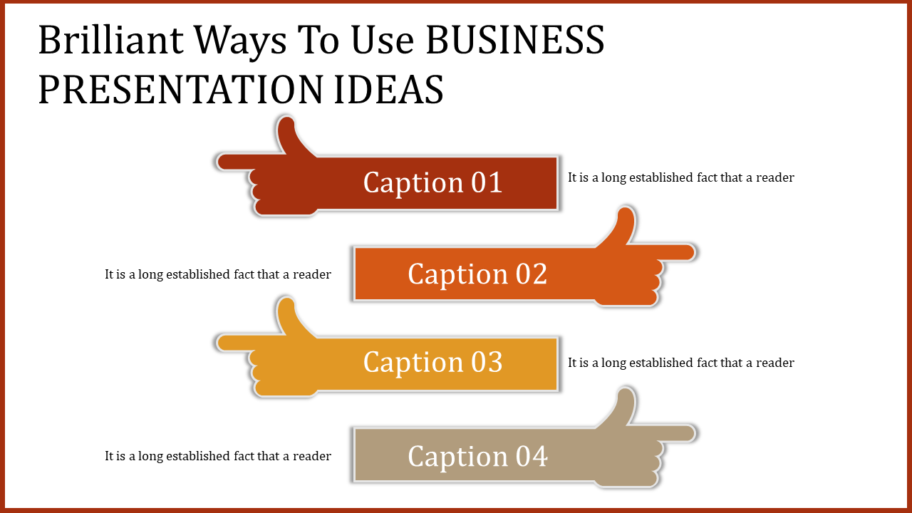 Infographic with four pointing hand shapes in red, orange, yellow, and beige, each labeled with captions.