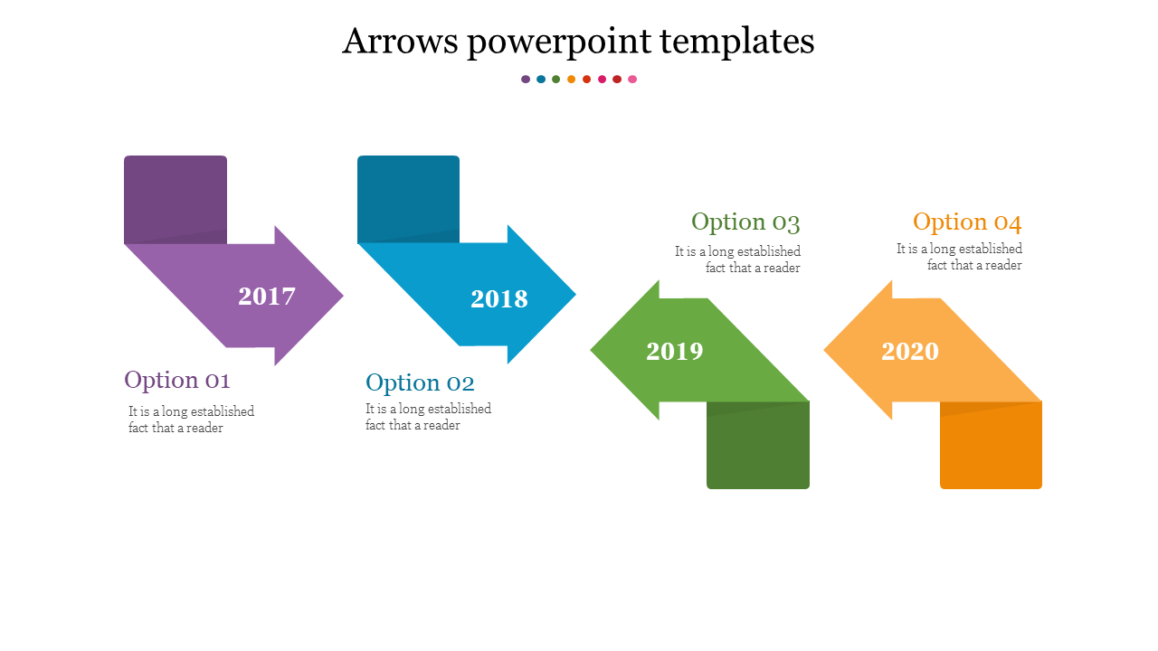 Arrows representing business progress over the years 2017 to 2020, each with a different color and labeled with percentages.