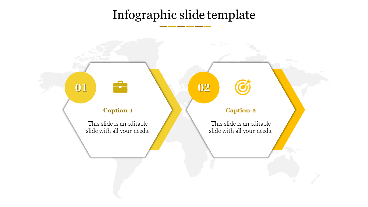 Infographic slide with two hexagonal sections for captions, each with icons and numbers against a light world map background.