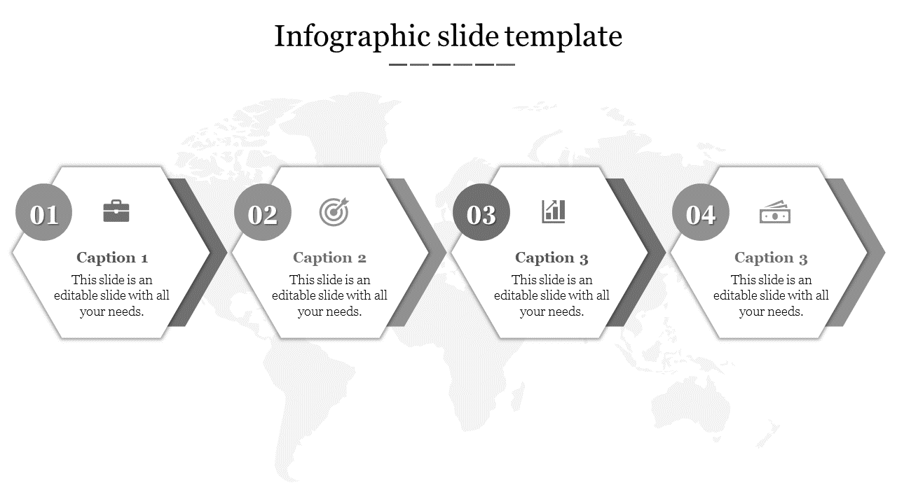 Infographic slide with four hexagonal icons representing business, goal setting, data analysis, and finances with captions.