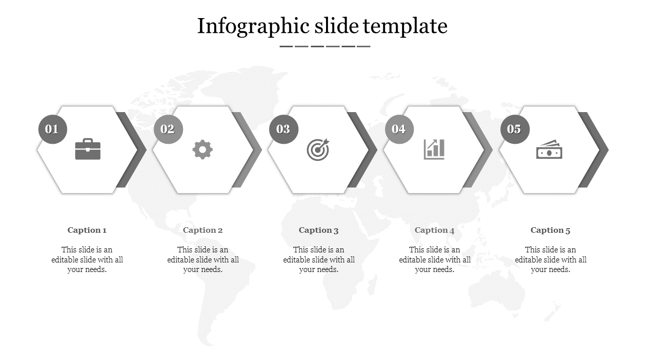 Infographic slide with five gray hexagons displaying icons for business, settings, goals, analytics, and finance.