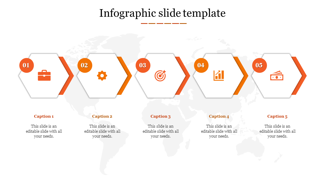 Infographic PowerPoint slide with five hexagonal icons, including briefcase, settings, target, graph, and cash with captions.