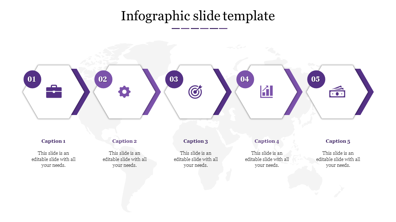 Infographic slide with five purple and white hexagons, each featuring icons and captions, aligned over a light world map.