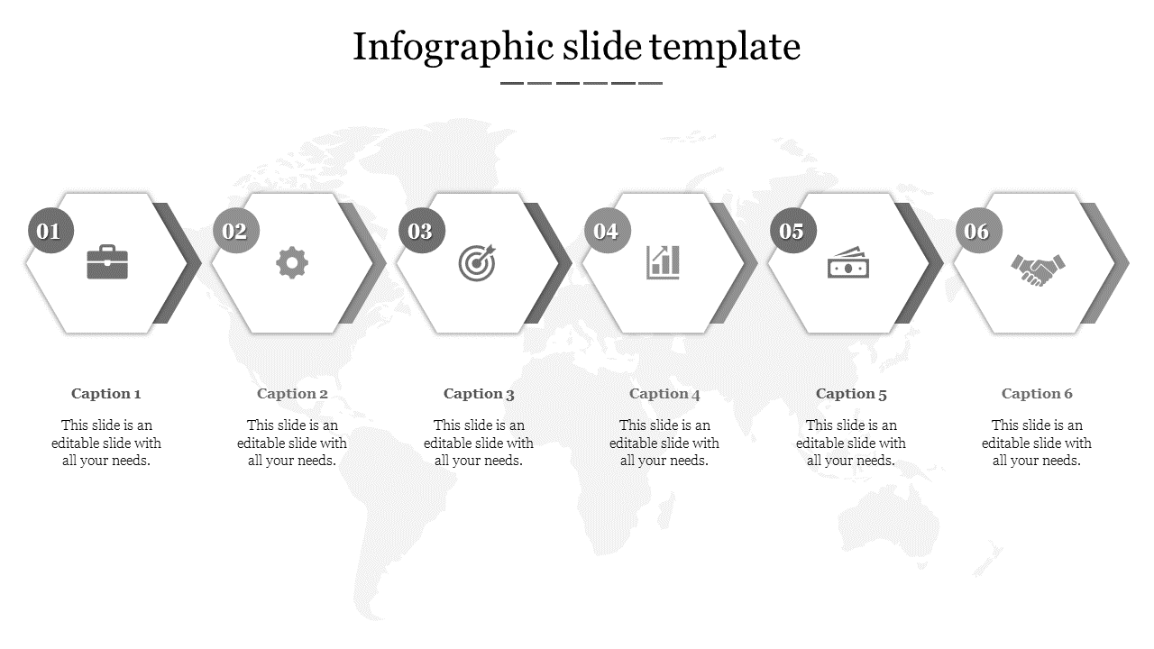 Gray themed infographic with six hexagonal shapes, each containing icons and captions, aligned horizontally over a world map.