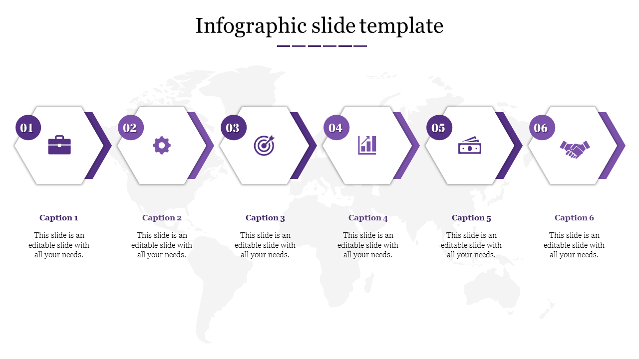 Six-step infographic with hexagonal shapes and purple icons, including briefcase, gear, target, graph, cash, and handshake.