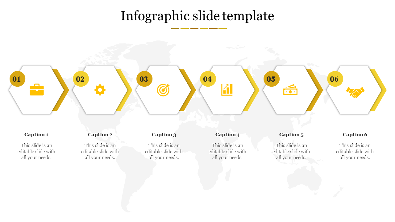 Infographic PPT slide with six yellow hexagonal icons for business, gear, target, chart, money, and handshake with captions.