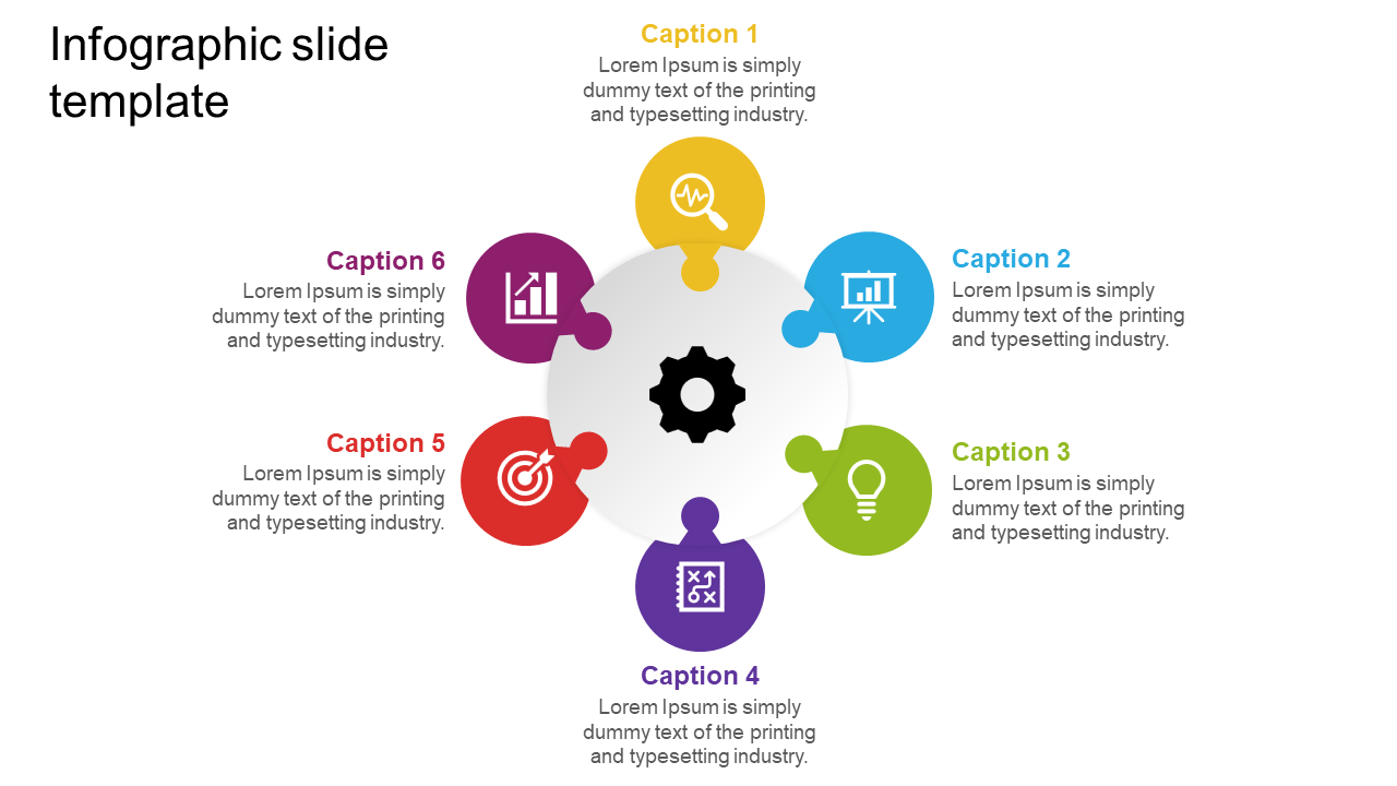 Circular infographic with segments and icons for planning, analysis, and growth, radiating around a central white gear.