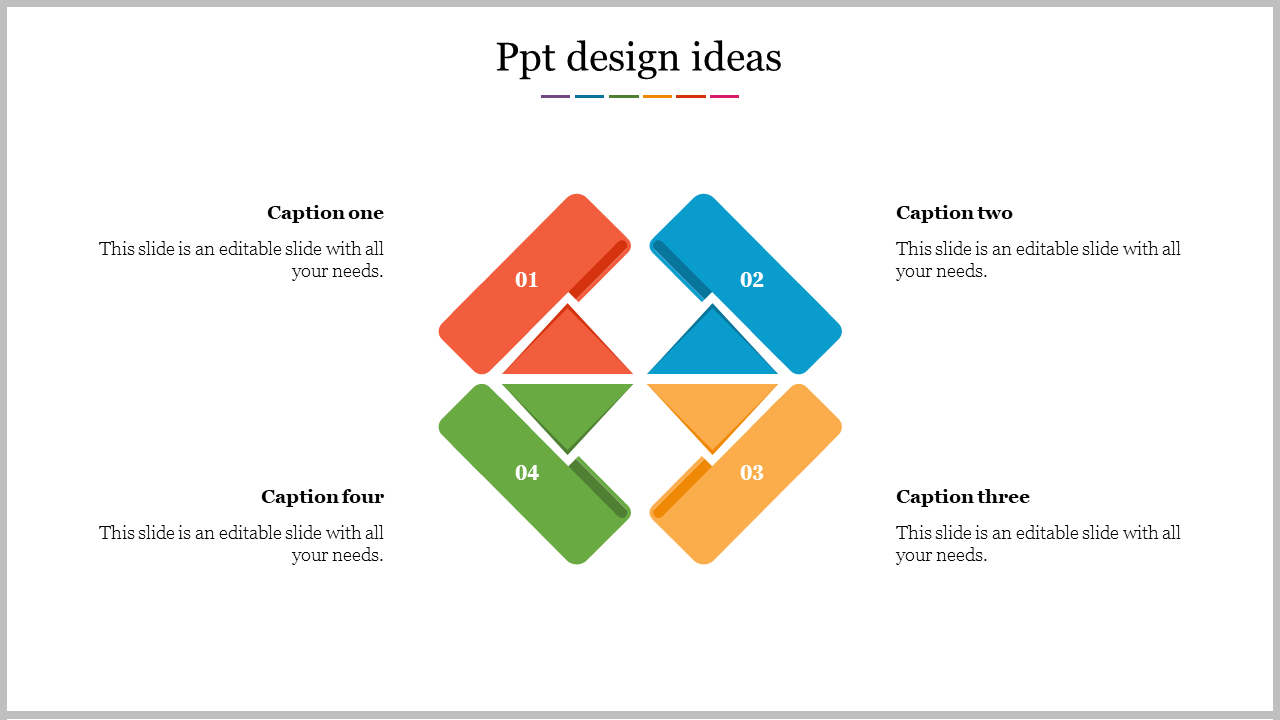 A diamond-shaped design arrangement of four blocks in red, blue, green, and orange, with caption areas.