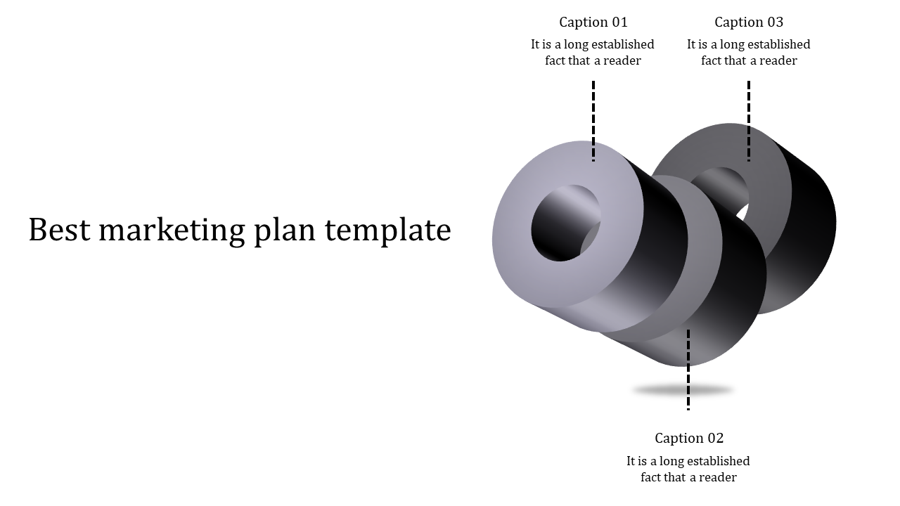 Marketing slide three metallic 3D rings stacked with dotted lines pointing to labeled captions, highlighting design elements.