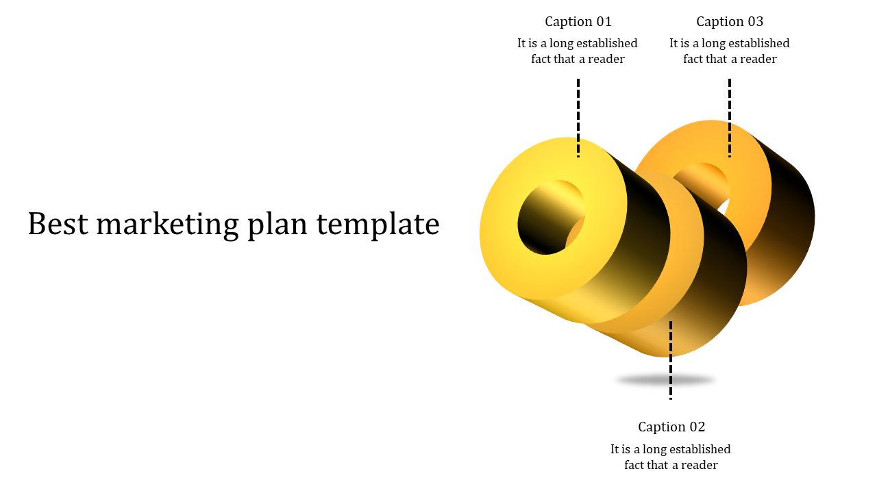 Marketing plan slide featuring three interlinked golden rings, labeled with captions, set on a white background.