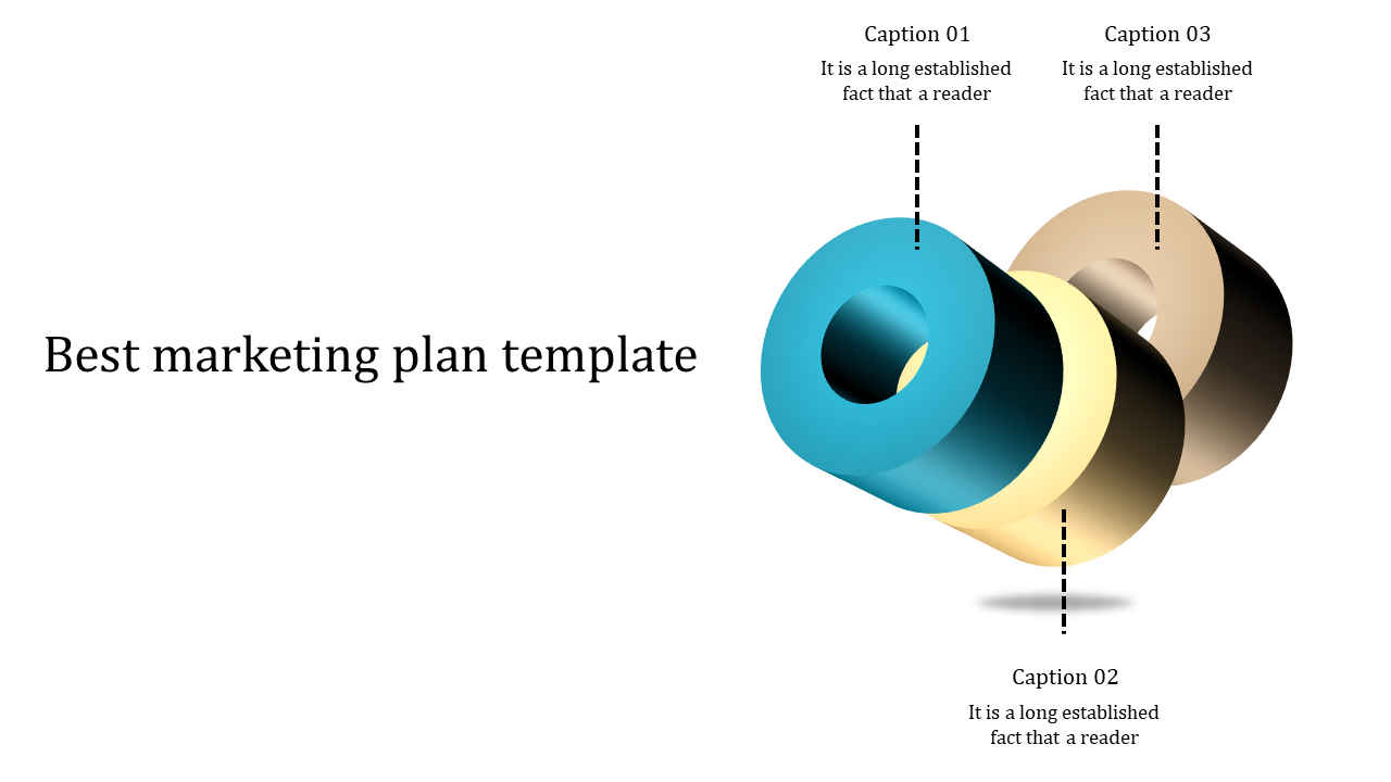 Dynamic 3D infographic showing three connected rings with captions describing steps in a marketing plan.