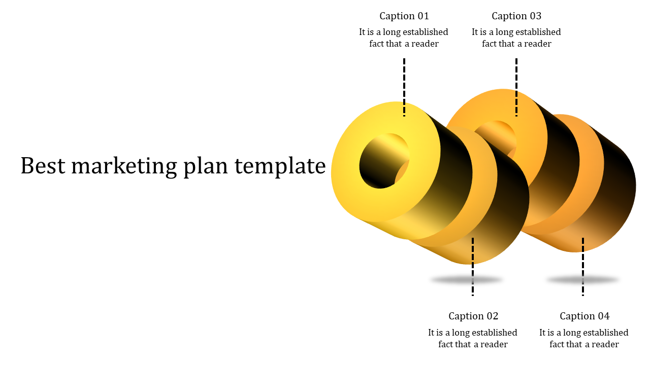 Golden ring shaped graphic in a marketing plan template, highlighting four key captions with dotted lines.