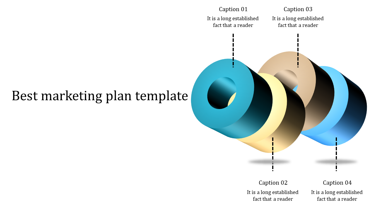 3D interlocking rings in teal, yellow, beige, and blue, with captions highlighting key elements of a marketing plan.