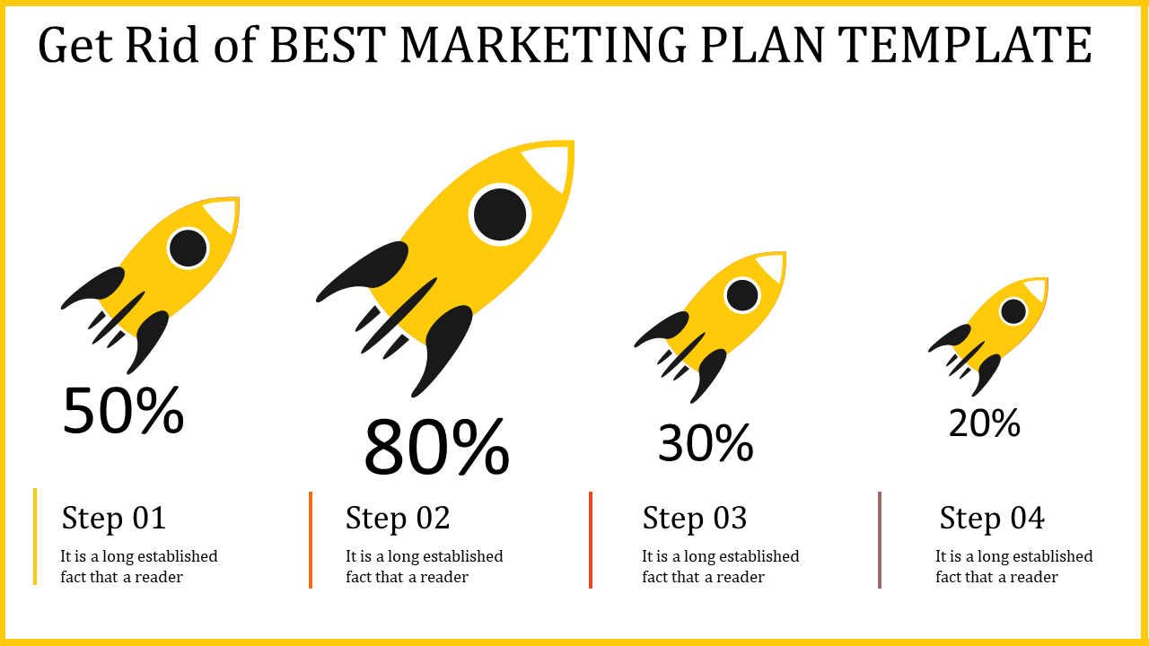 Template with four rockets representing steps in a marketing plan, each with a percentage and description.