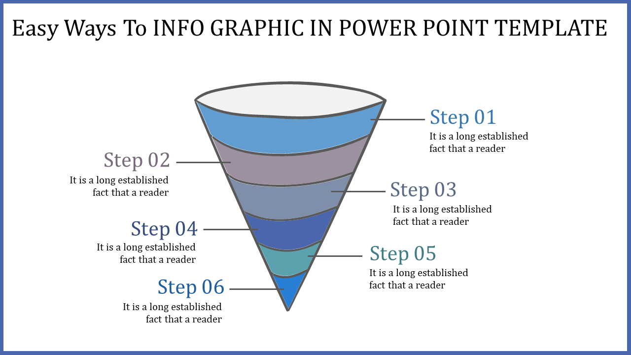 Infographic PPT template showing a funnel with six steps, each labeled and with space for detailed captions.