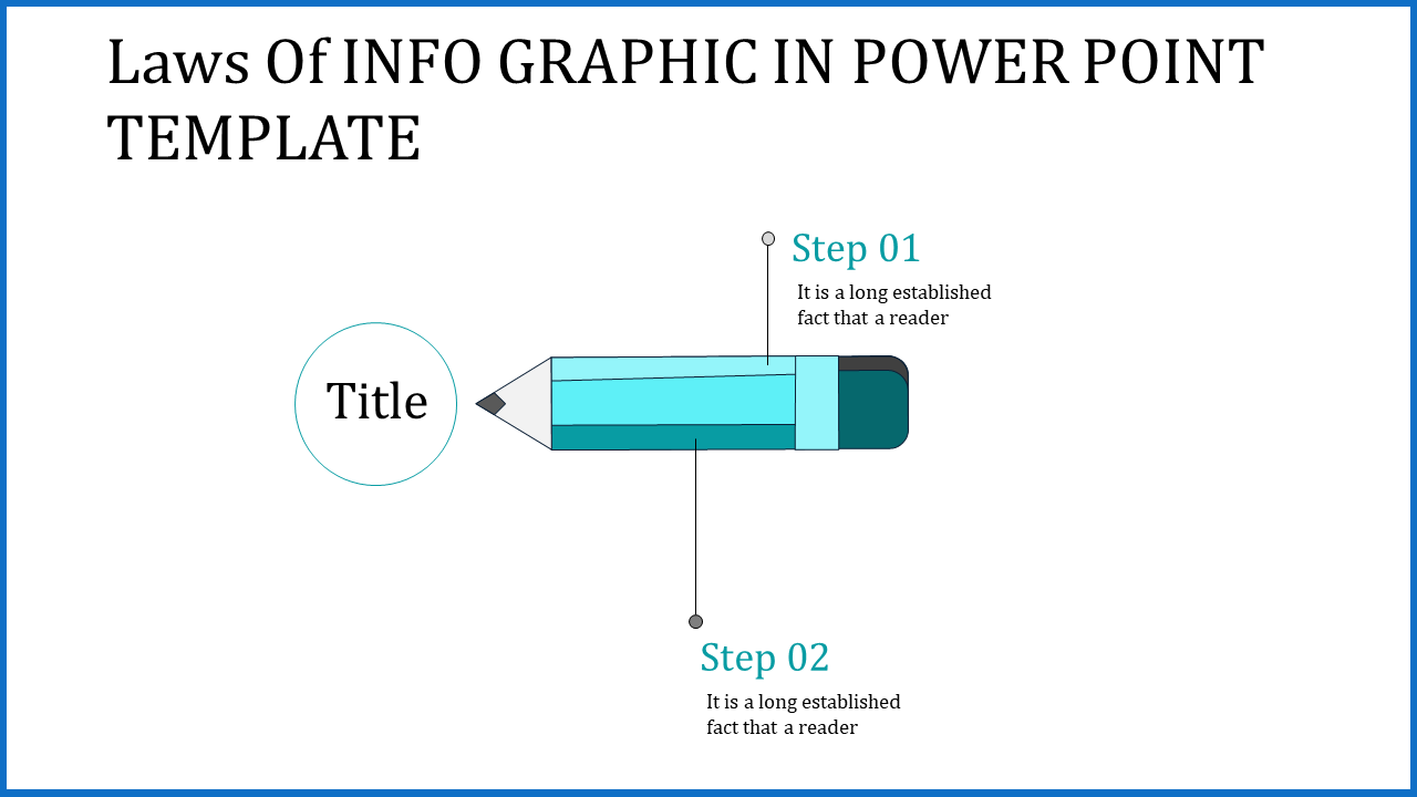 Slide with a teal pencil graphic pointing to circular and two step markers, surrounded by white space and blue border.