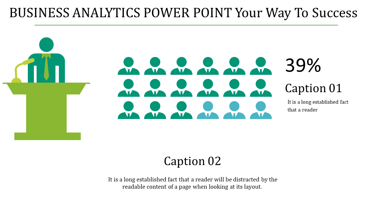 Business analytics PowerPoint template with a speaker at a podium and a chart showing 39 percent with audience icons.