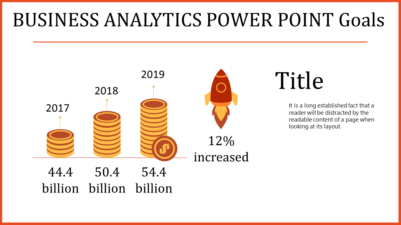 Business analytics slide with stacked coins showing revenue growth from 44.4 billion in 2017 to 54.4 billion in 2019.