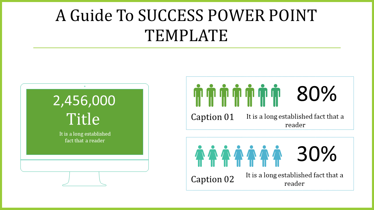 Success template showing a monitor graphic with large text and two demographic sections illustrating percentages.