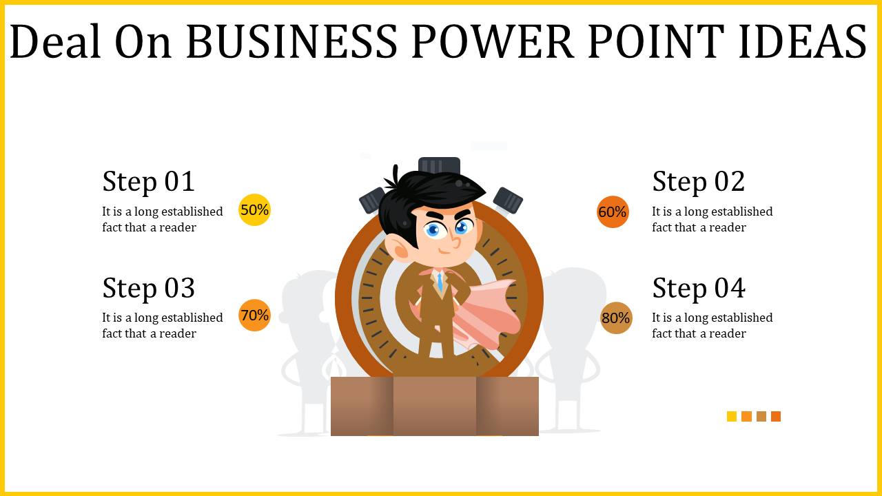 Business slide featuring a character in a suit standing on a podium, with steps indicating progress at various percentages.