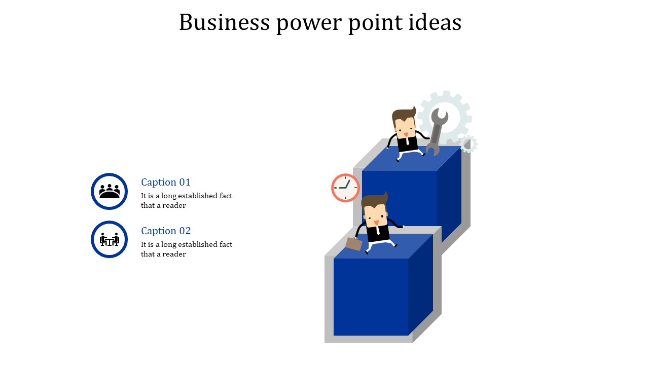 Slide featuring two blue cubes with cartoon figures doing tasks, paired with circular icons and captions on th left.