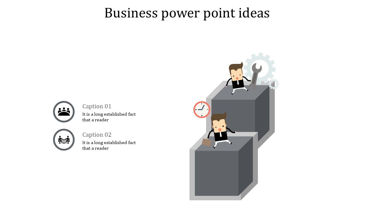 Business PowerPoint slide with cartoon characters and icons, illustrating business concepts on gray blocks.