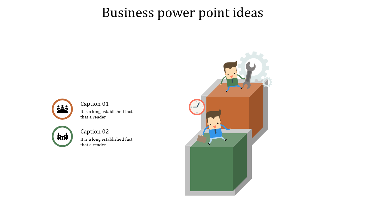 Two cubes with figures engaging in tasks like holding a wrench and briefcase, aligned with business captions on the left.