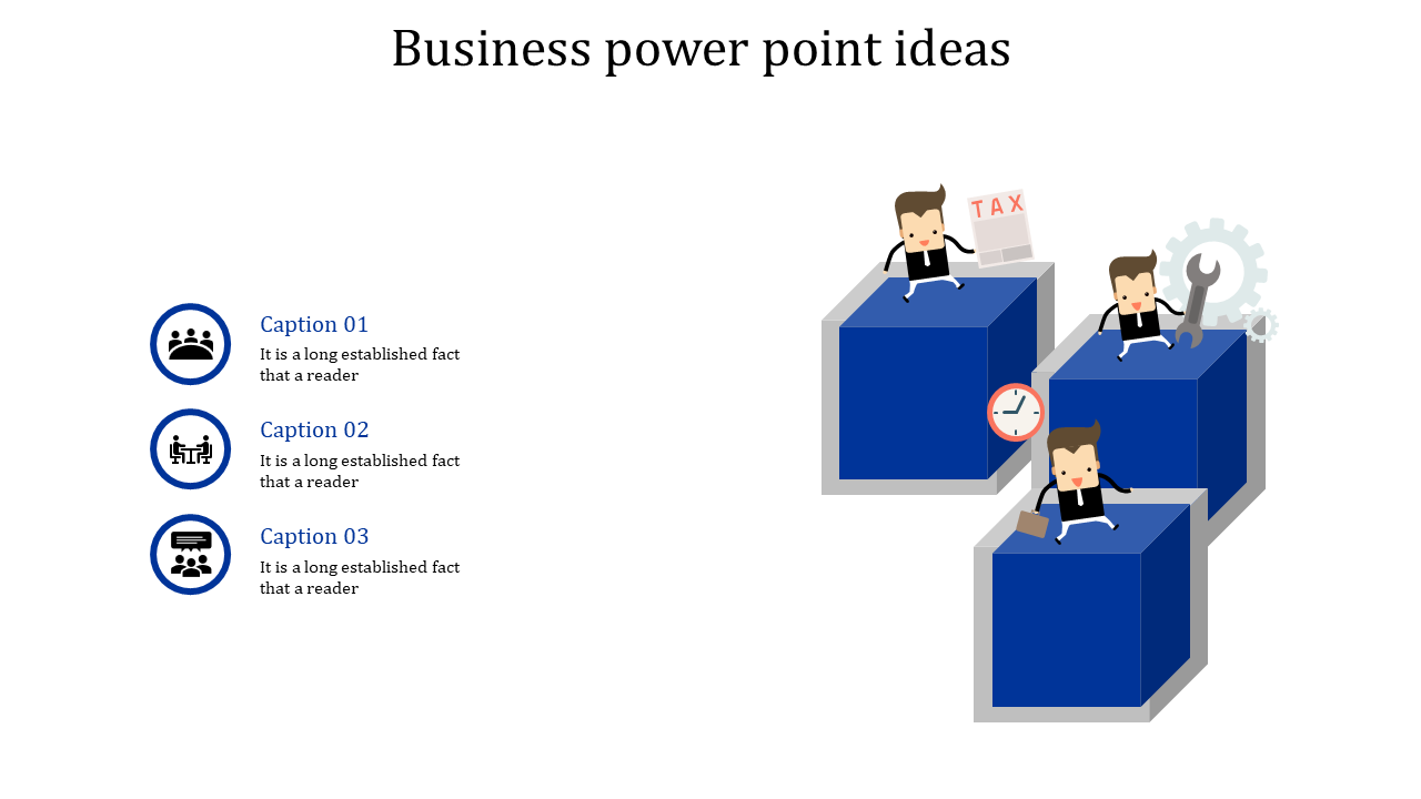Business PowerPoint slide featuring animated characters on blue cubes with icons for teamwork, time, and tools with captions.