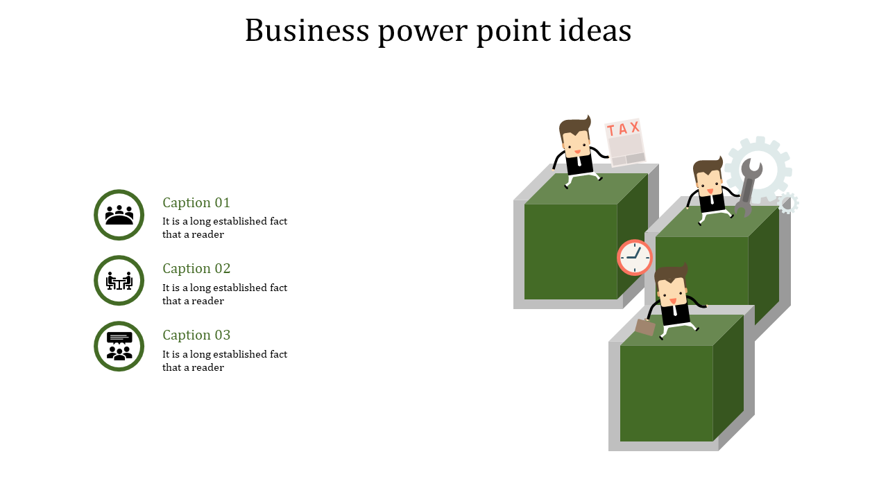 Creative business slide with green cubes featuring business figures and tools, three captions labeled with icons.