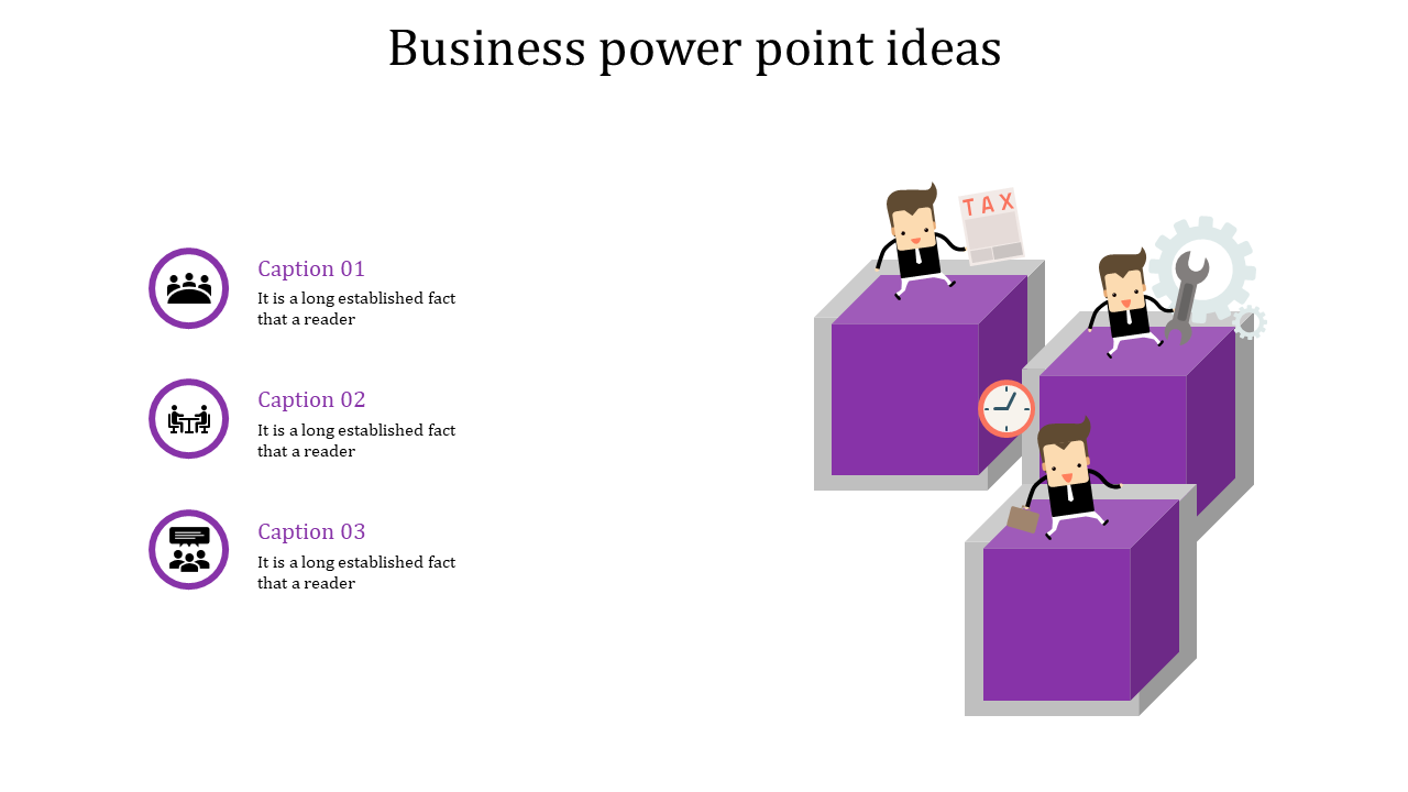 Business PPT template with animated characters on purple cubes, icons for teamwork, time, and tools with captions.