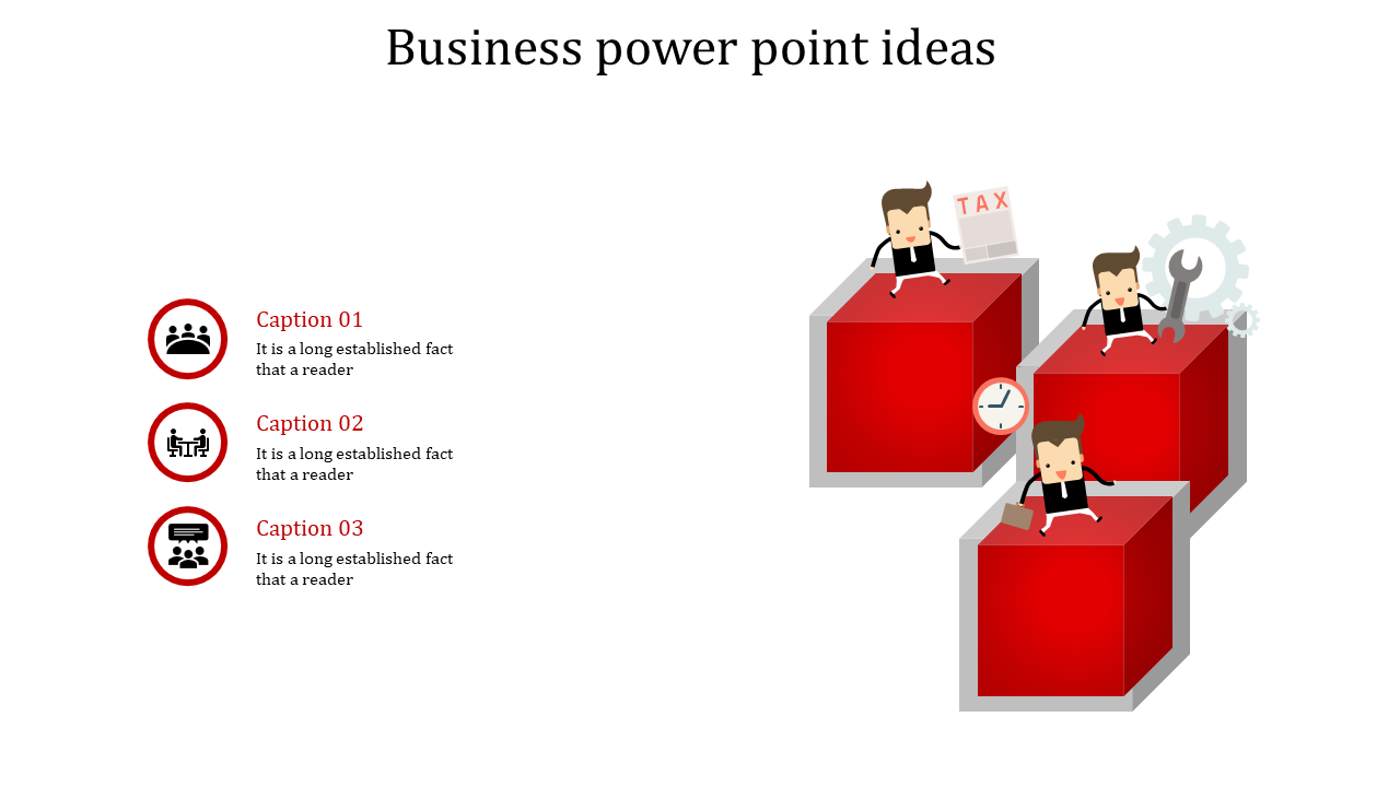 Slide featuring three red cubes with cartoon figures doing tasks, paired with circular icons and captions on th left.