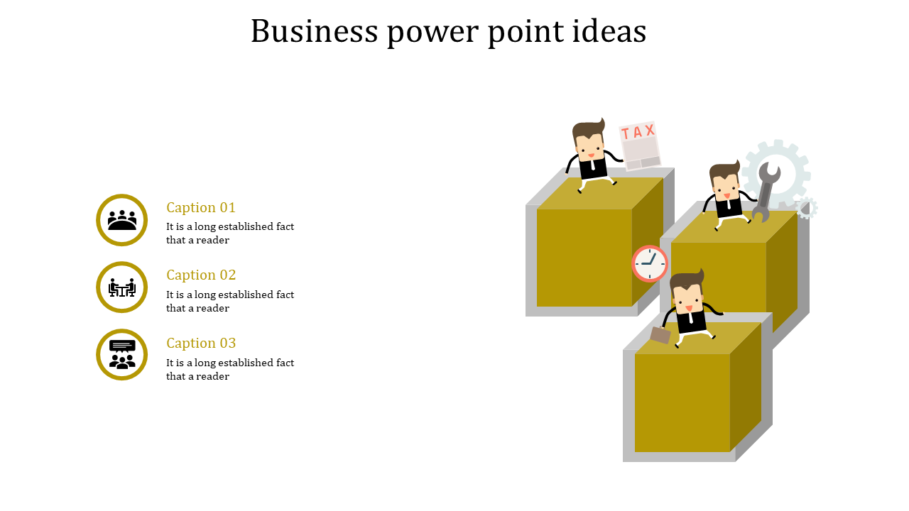 Business PPT template featuring animated characters on yellow cubes with icons for teamwork, time management, and tools.