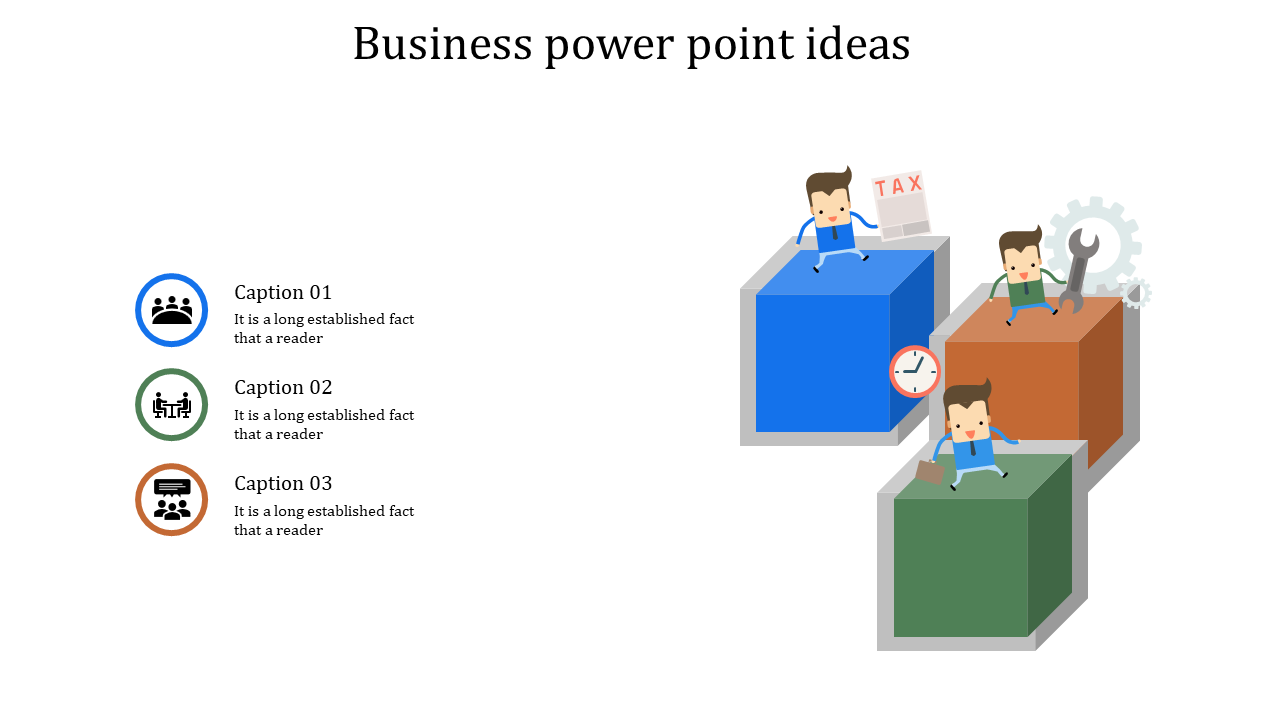 Business PowerPoint template with illustrations of people and blocks, each representing different business concepts.