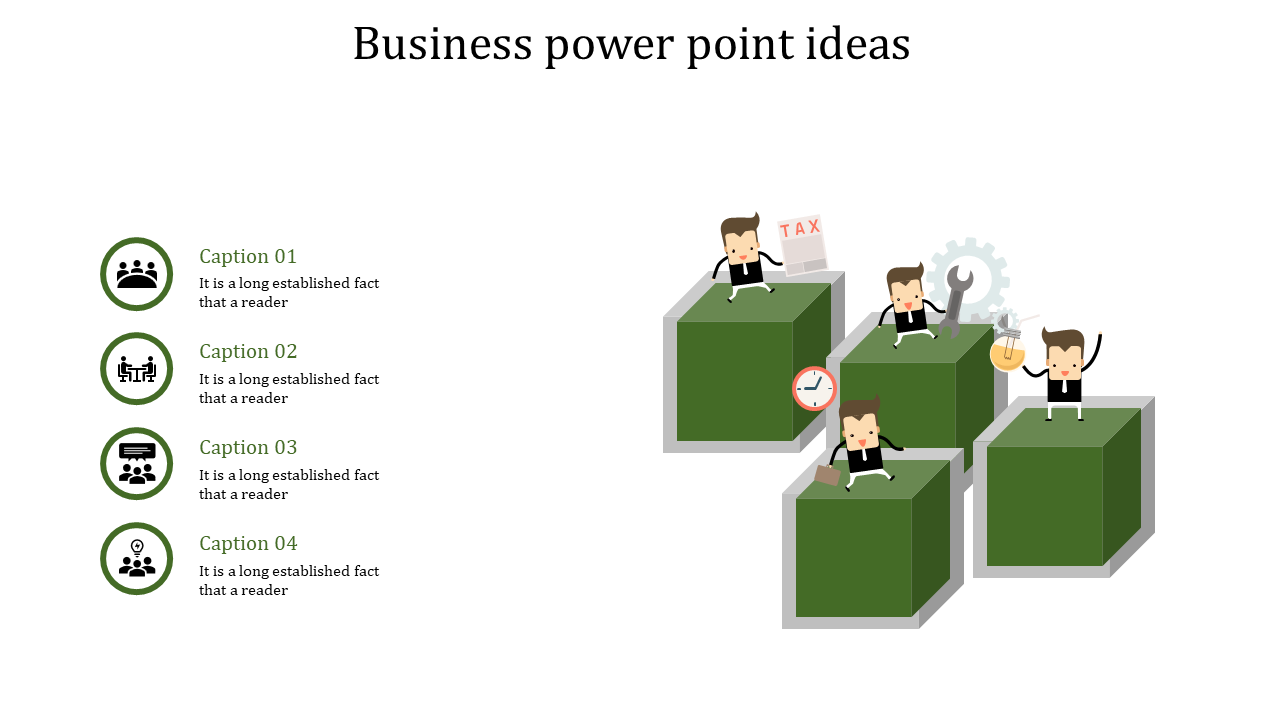 Slide featuring four green cubes with cartoon figures doing tasks, paired with circular icons and captions on th left.