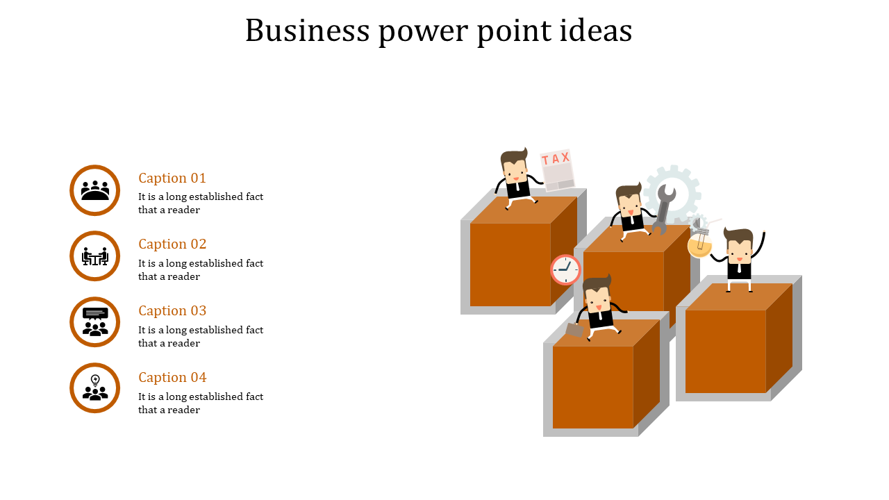 Business PPT slide with animated characters on orange cubes and icons for teamwork, time management, tools, and ideas.