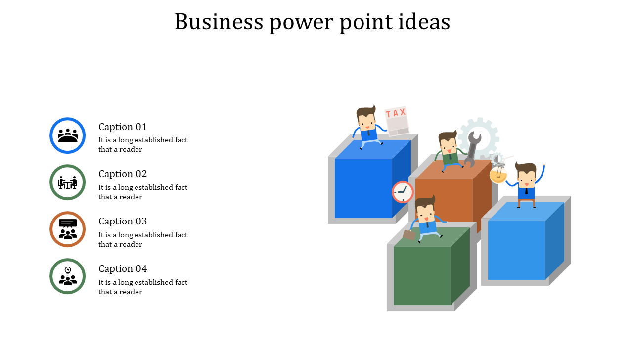Visual of business concepts featuring figures on cubes holding a wrench, tax sign, clock, and light bulb, alongside caption.