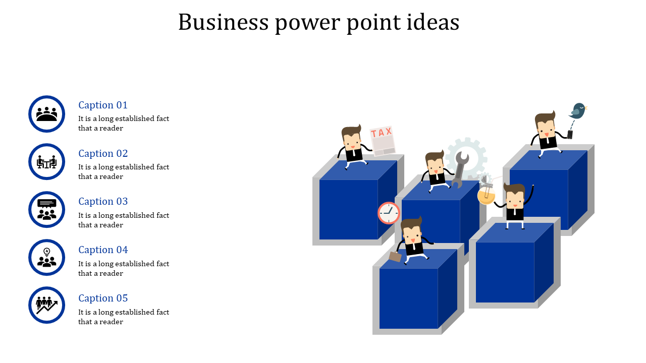 Business themed layout with five blue cubes and cartoon figures performing various tasks and captions on the left.