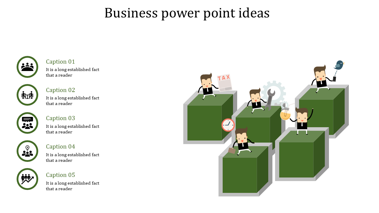 Business PPT slide with cartoon characters on green cubes, featuring icons with captions and placeholder text.