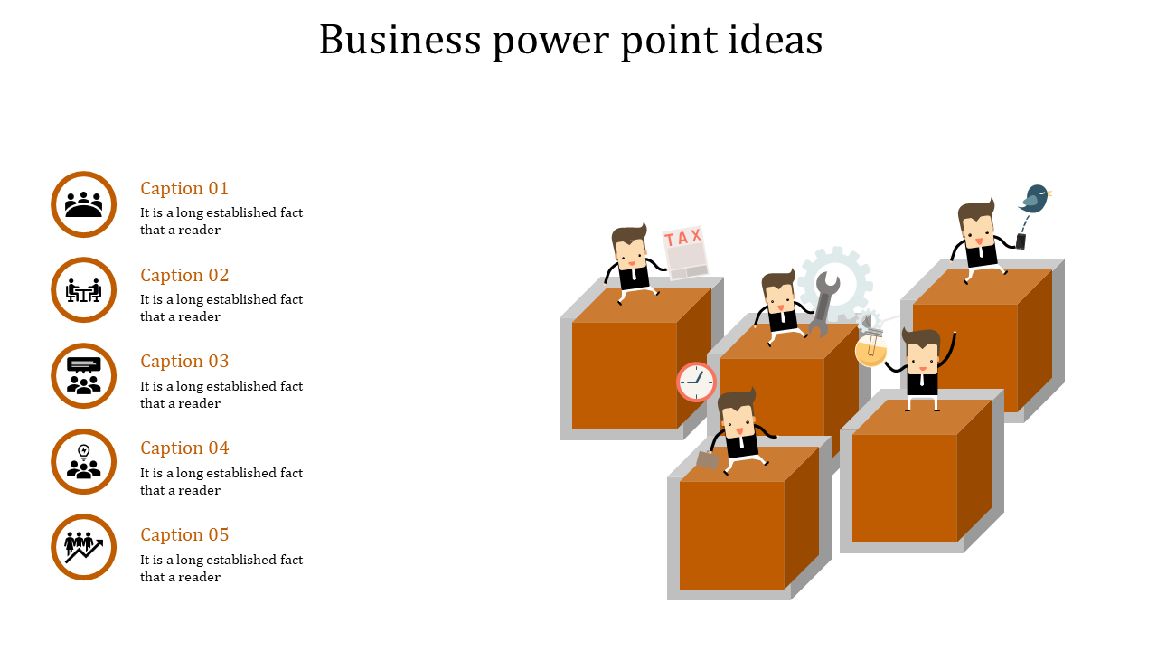 Business slide featuring five orange 3D cubes with characters alongside five labeled captions with circular orange icons.