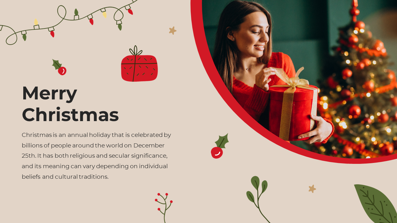 Festive design with a woman holding a gift, Christmas tree in the background, and holiday themed elements on beige.