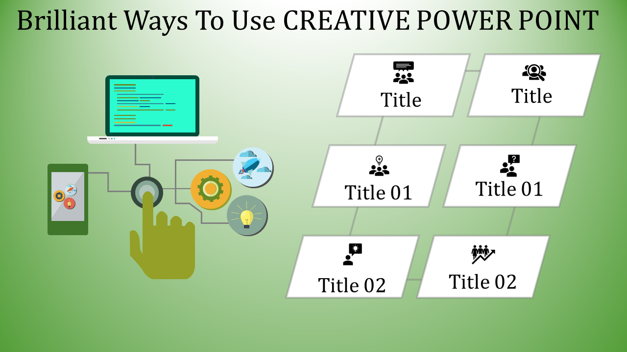 Slide features creative illustrations with icons for innovation, technology, and teamwork on a green background.