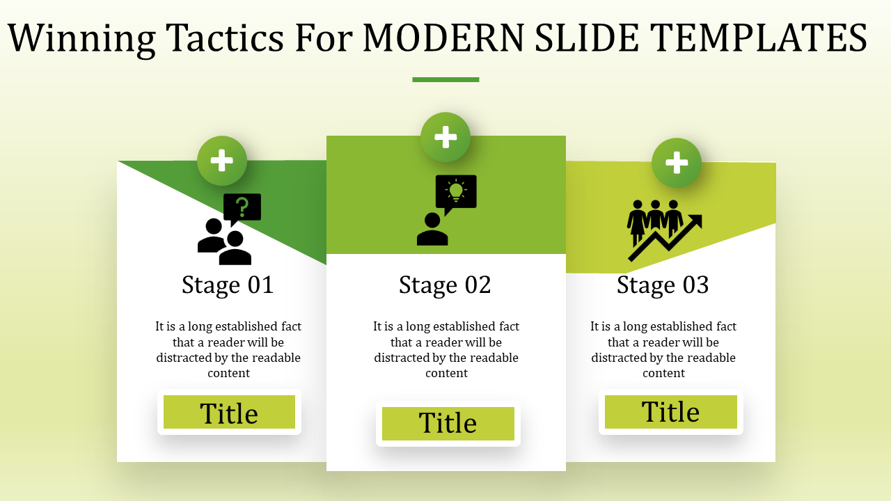 Modern slide design highlighting three stages with icons for collaboration, innovation, and growth with placeholder text.