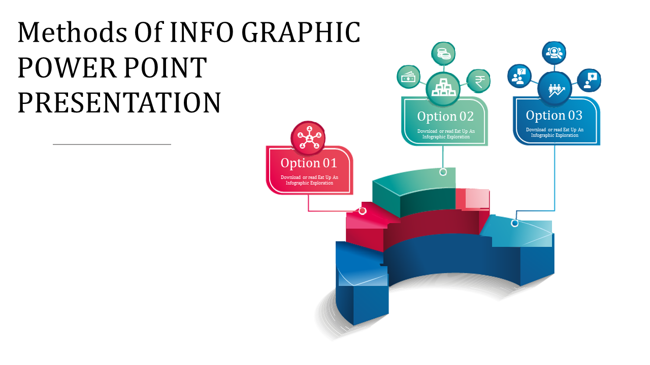Infographic PowerPoint slide showcasing three options with icons and descriptions, displayed over a 3D layered chart.
