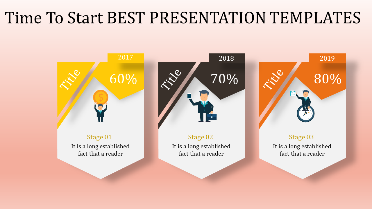 Slide with a pink gradient background, featuring three colorful banners in yellow, brown, and orange showcasing percentages.