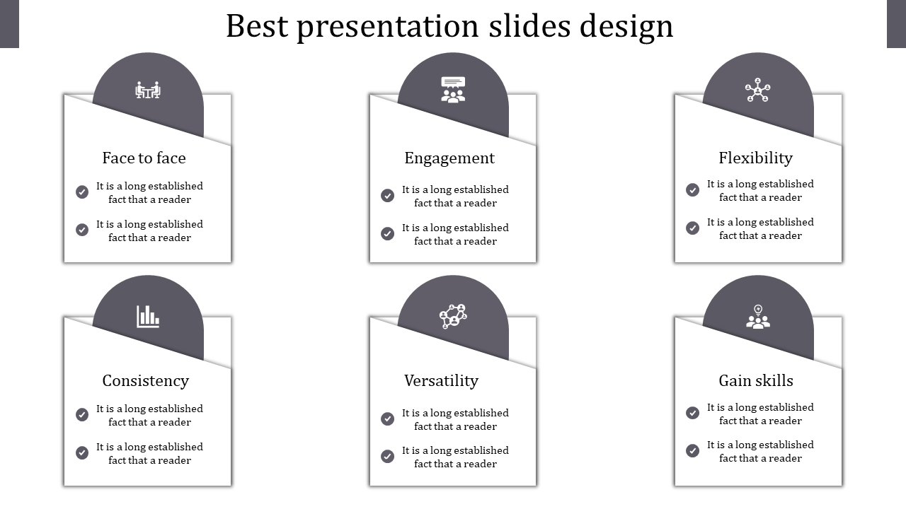 Slide design infographic with six white cards arranged in two rows, each featuring a top section with an icon and text.