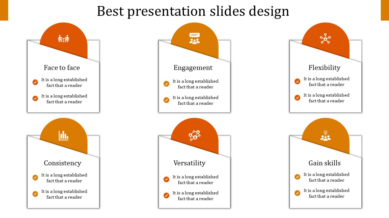 Best PPT presentation slide designs with orange icons from face to face to gaining skills with placeholder text.