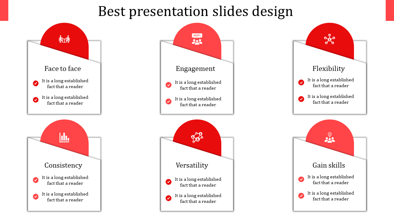 Slide design featuring six concepts like Engagement and Flexibility, each with a red icon and placeholder text.