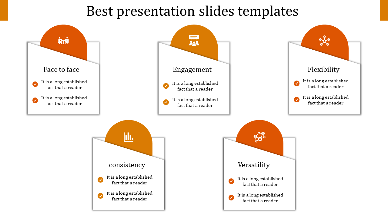 Infographic with five sections arranged in a grid, each with orange semicircle headers and text descriptions on white cards.