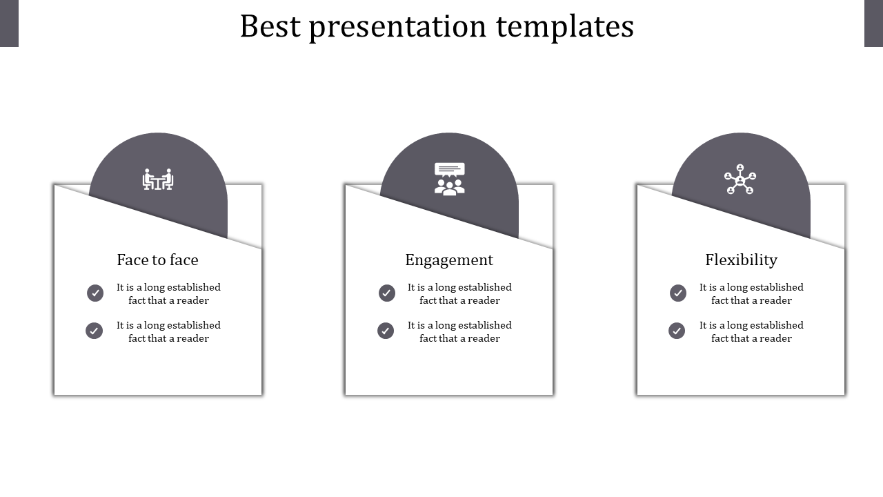 Slide showing three white cards with gray tops and labeled sections highlighting key points.