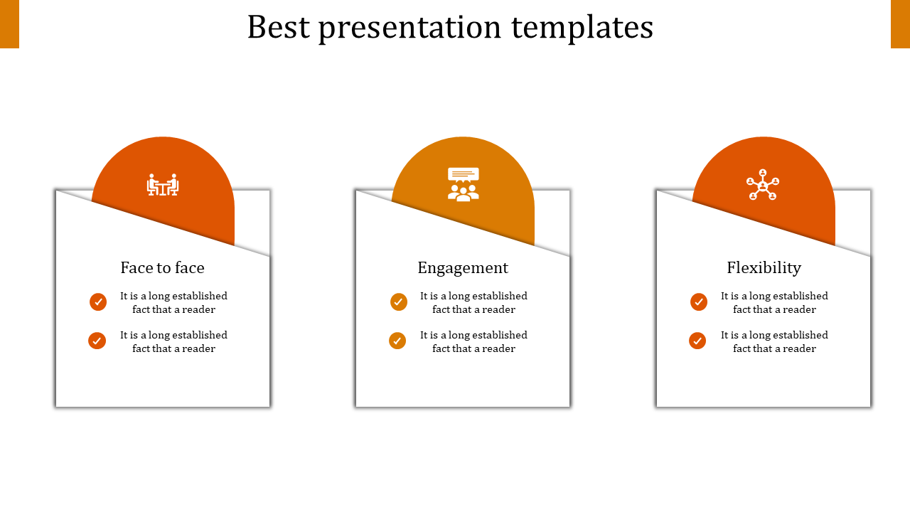 Slide design infographic with three white cards arranged in a row, each featuring an orange circular top section.